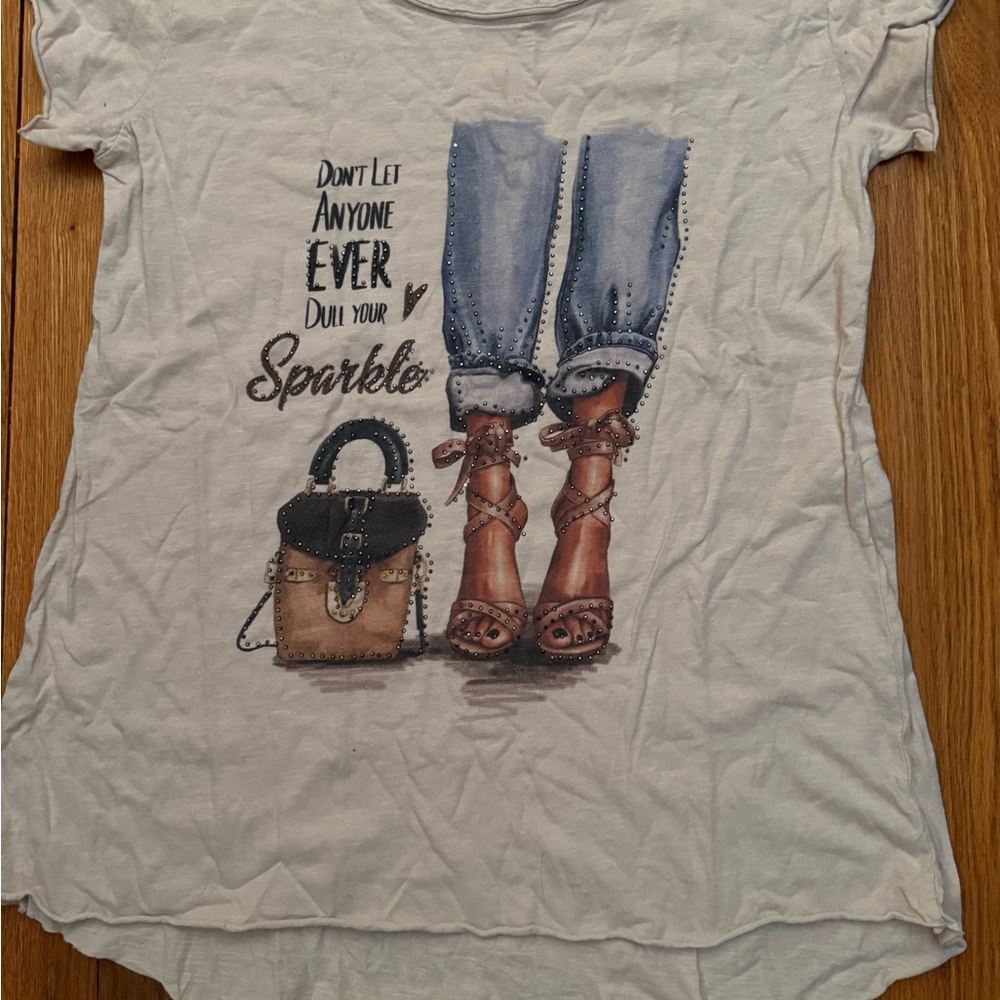 Women’s Graphic Jeans Tee with Studded Detail - Off-White - Picture 2 of 4